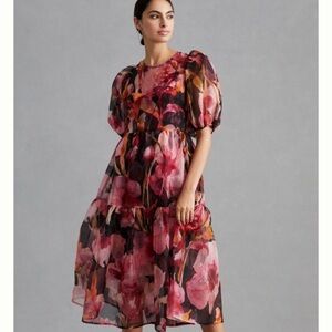 Anthropologie puff sleeve organza dress xs “ needs a slip”